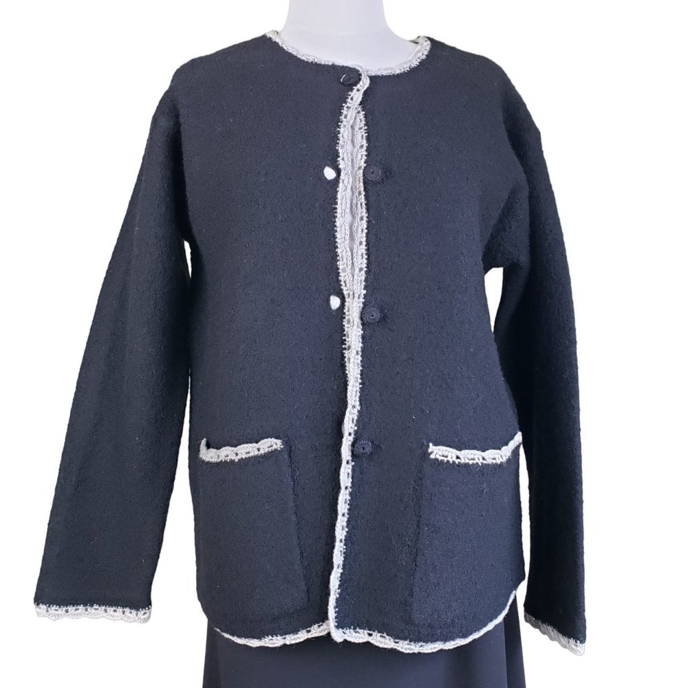 Alexandra Bartlett Boucle Wool Knit Black Sweater Jacket Beige Trim S, Runs Big